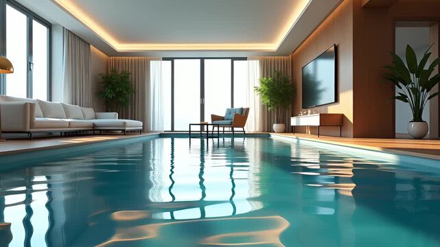Modern Indoor Swimming Pool Luxury Living Room With Sofa Armchair And Plants Illuminated By Warm Sunlight Through Large Windows Creates Serene