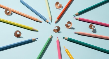 Color pencils pointed inward with wood shavings on a pastel-blue background
