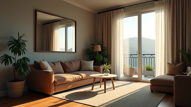 Serene Living Room with Mountain View and Natural Sunlight