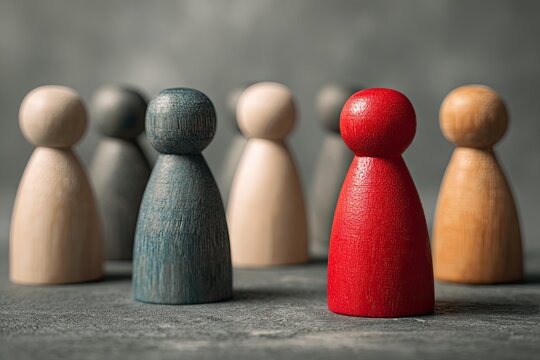 A single red wooden figure stands out among a group of various-colored wooden figures