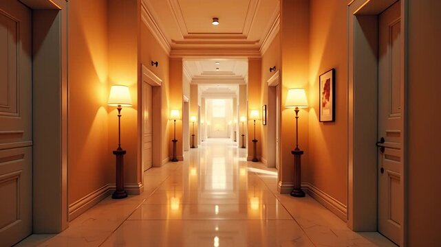 Elegant Hotel Corridor With Warm Lighting and Marble Floor Reflecting Light Throughout The Hallway Towards Distant Brightness