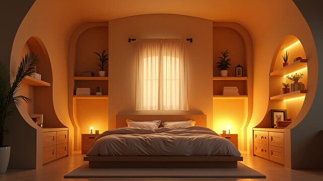 Luxurious Warmly Lit Bedroom Interior With A King Size Bed And Modern Decor