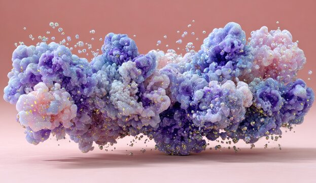 Abstract cloud-like shapes of swirling, pastel-colored inks with glittering particles
