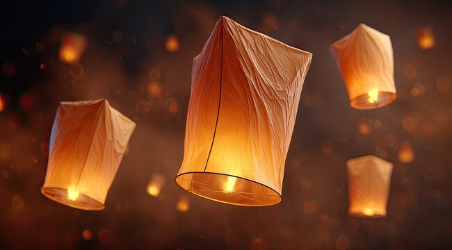 Floating lanterns, warm glow, night sky (1) - Powered by Adobe