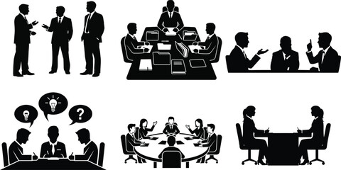 Silhouette business people in various meeting and discussion scenarios illustrating collaboration and teamwork