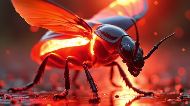 Close up of a glossy black beetle with glowing orange underwings in the dark with bokeh lights and dramatic lighting on a wet surface