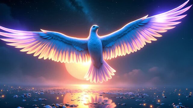 Majestic White Eagle Spreading Wings Over Calm Water At Sunset Under Starry Sky With Glowing Lights