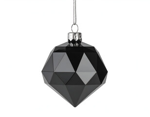 Shiny black crystal ornament in diamond cut with silver thread hanger, isolated on white