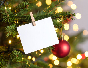 Christmas card on a Christmas tree with fairy lights, perfect for seasonal greetings, announcements, and holiday wishes
