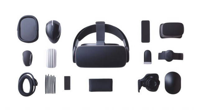 A vr headset and accessories laid out on a black surface showing the complete virtual reality system set on transparent background