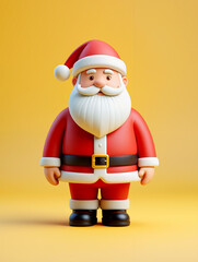 A cheerful Santa Claus figurine with a white beard and red suit stands proudly on a smooth yellow background, evoking holiday spirit and joy. Christmas decoration theme. Generative AI.