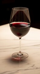 Elegant Red Wine Glass on Marble Table, Dramatic Lighting, Close-Up View.
