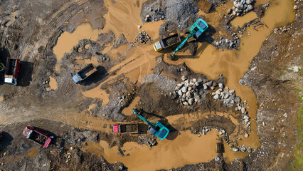 Mining Work in Rock and Sand Quarry, mining site view from above