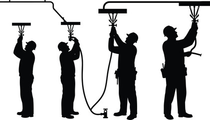 Silhouette of construction workers installing ceiling sprinkler system, plumbing maintenance and industrial safety concept, fire protection installation and engineering service background