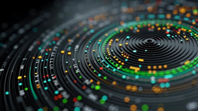 Close-up of capital efficiency radar visualization floating above matte black surface, precision future quant fund, ai driven investment fund