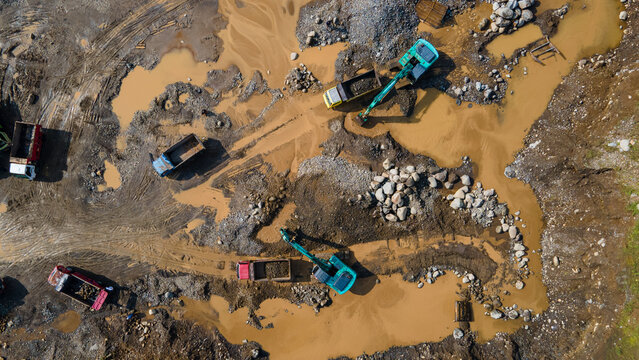 Mining Work in Rock and Sand Quarry, mining site view from above