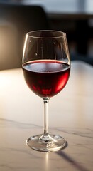 Elegant Red Wine in Crystal Glass, Illuminated by Warm Sunlight on Textured Table.