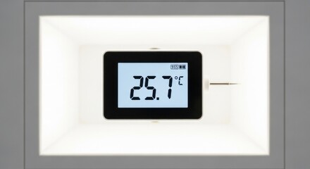 Digital thermometer displays 25.7 degrees Celsius in a white frame
