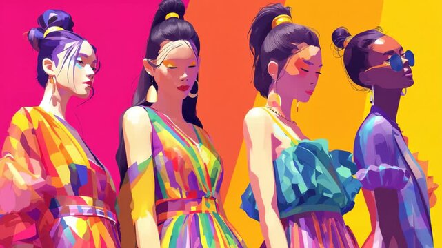 Colorful fashion showcase featuring four diverse models in vibrant outfits against a bright background