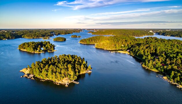 Aerial view of islands with dense green forest, surrounded by blue water under a partly cloudy sky - Powered by Adobe
