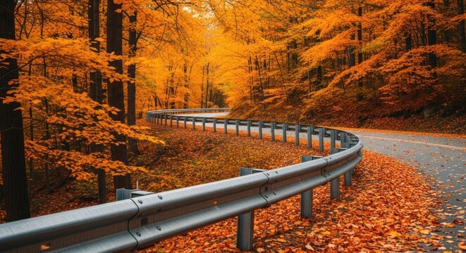 Curving road lined with autumn foliage, metal guard rail, and fallen leaves - Powered by Adobe