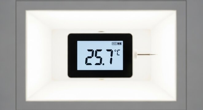 Digital thermometer displays 25.7 degrees Celsius in a white frame