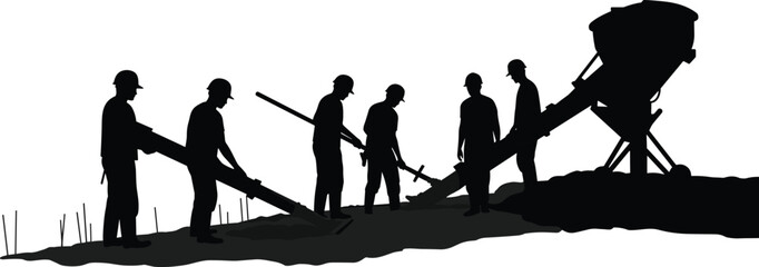 Silhouette of construction workers pouring and leveling concrete on a building site with machinery, teamwork, hard labor, and industry concept