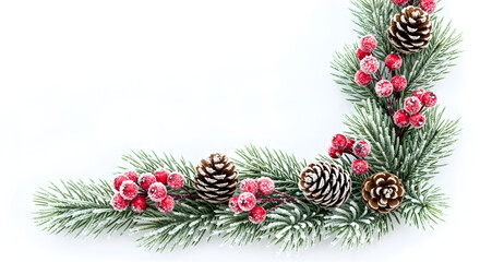 Christmas Corner Decoration Pine Cones, Berries, Fir Branches on White