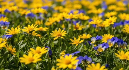 Fototapeta premium Field of yellow and blue daisy-like flowers in full bloom, sunny day