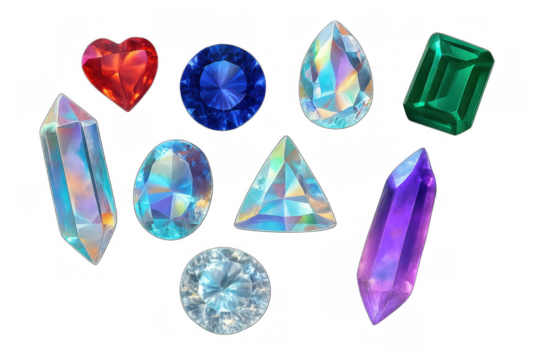 Sparkling diverse gems and crystals set. Precious faceted jewels with rainbow reflections on transparent background