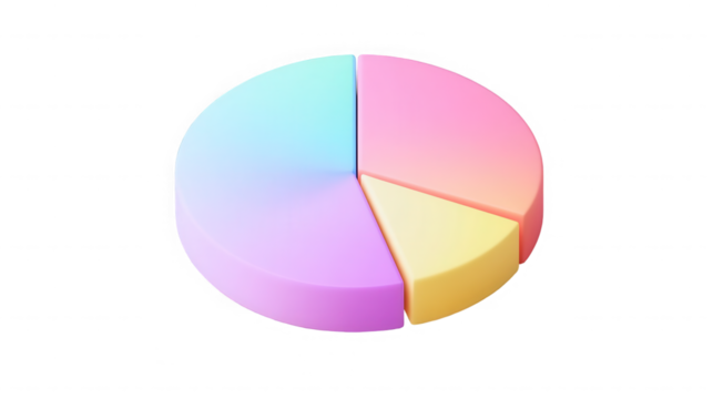 Isolated pastel colored pie chart with four sections on a black background in a studio shot on transparent background