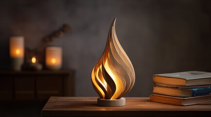 Wooden flame lamp, warm glow, on table, books