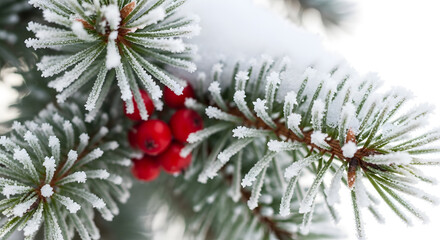 Snow Covered Pine Branch with Red Berries, Winter Holiday Background