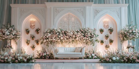 Elegant wedding stage decorated with arches, light beige walls, and cascading floral arrangements.  Soft lighting highlights a cream-colored sofa