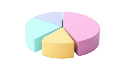 A pastel colored pie chart with four slices on a black background in a studio shot overhead view on transparent background
