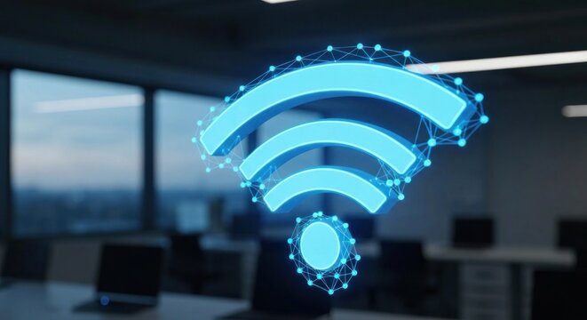 Glowing blue WiFi symbol in modern office, blurred background