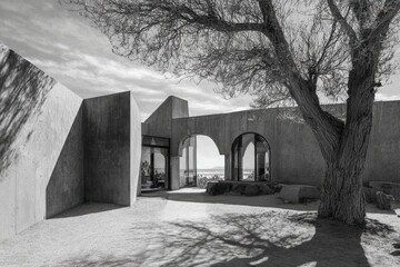 A grayscale exterior view of a modern concrete building.? A large tree casts shadows on the courtyard-style space, with arched openings and a sense of openness