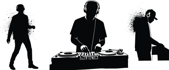Silhouette of DJs performing music mixing on turntables and sound equipment, electronic dance party concept with headphones and creative artistic background