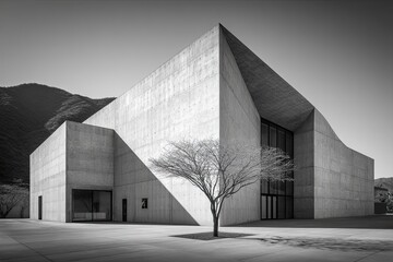 Modernist concrete building, starkly lit, against a backdrop of mountains