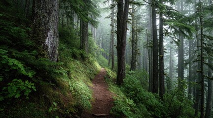 Obraz premium Misty forest trail winds through lush greenery (1)