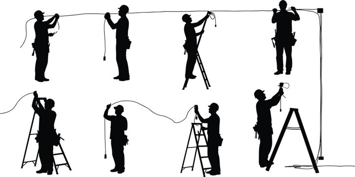 Silhouette of electrician installing electrical wiring and lighting fixtures using ladder and tools, construction worker at work, maintenance, repair, safety concept