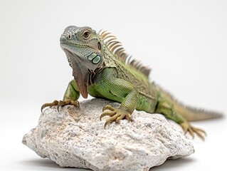 Obraz premium Green iguana perched atop a light rock against a seamless white backdrop