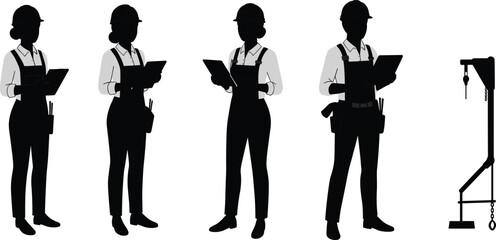 Silhouette of engineers and construction workers inspecting project plans with clipboard and safety helmets, concept of teamwork, supervision, and industrial management.