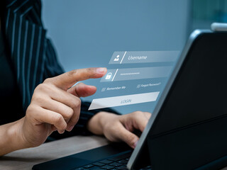 Close-up of hand entering password on virtual login screen on laptop, showing username and secure access interface. Concept of sign in, online registration, data protection, and cybersecurity login.