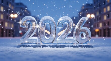 Glowing ice sculpture of the year 2026 illuminated in a snowy city square at dusk with falling snowflakes