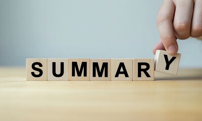 Hand putting wooden cube with y letter to complete summary word