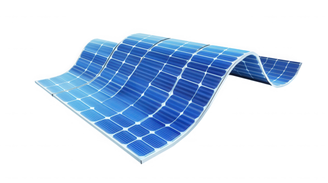 A wavy blue solar panel with white grid lines isolated against a black background in a studio shot on transparent background
