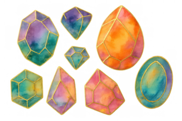 Colorful watercolor gemstones set with golden outlines, sparkling minerals and vibrant crystals, transparent background