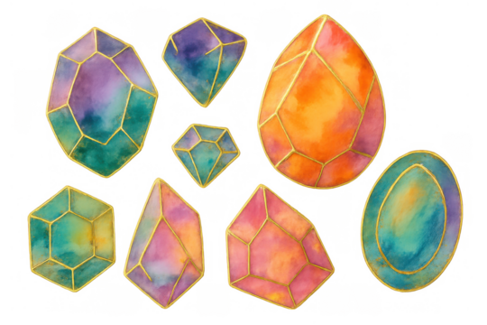 Colorful watercolor gemstones set with golden outlines, sparkling minerals and vibrant crystals, transparent background
