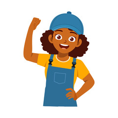 African American Woman Cartoon Character Raising Arm Smiling Wearing Overalls and Cap